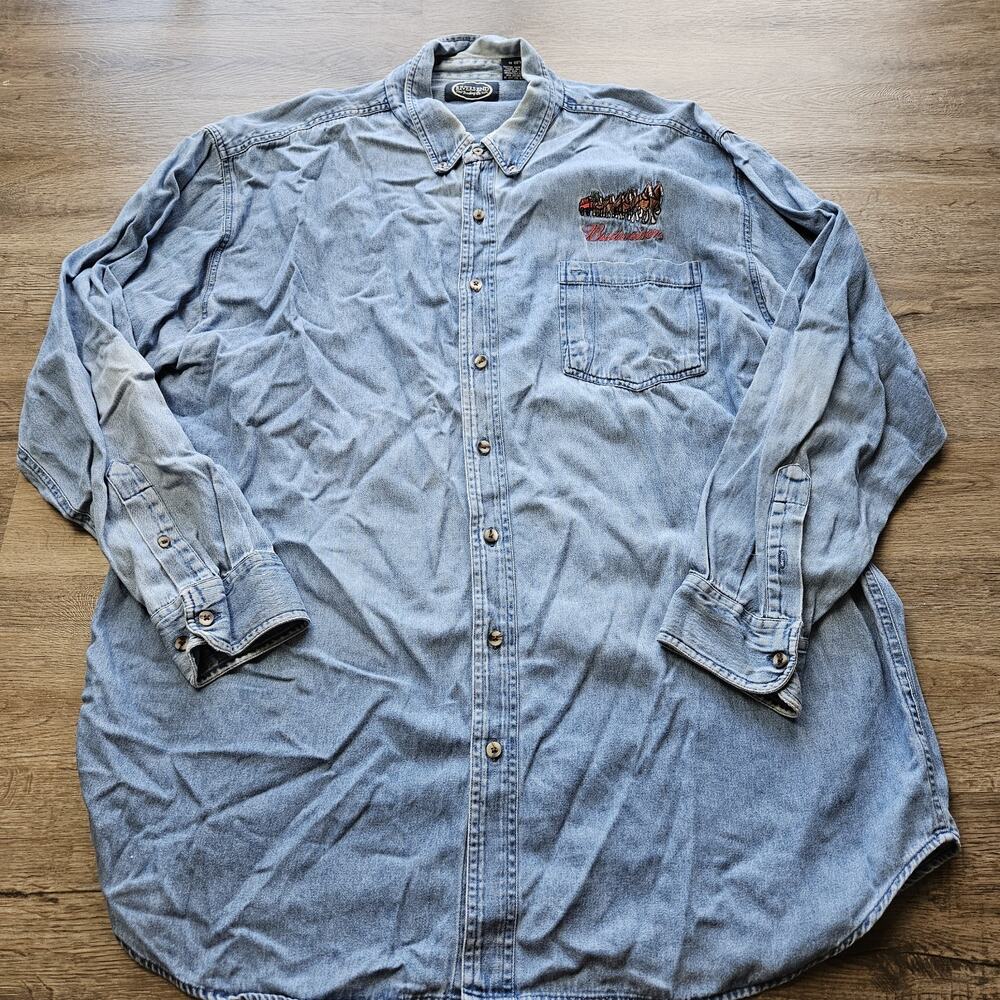 BUDWEISER Denim Cotton Button Down Men 2XL Long Sleeve Shirt Rivers End Beer